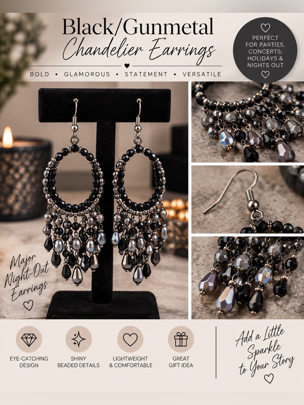 Black/Gunmetal Shiny Beaded Chandelier Earrings 4.5”